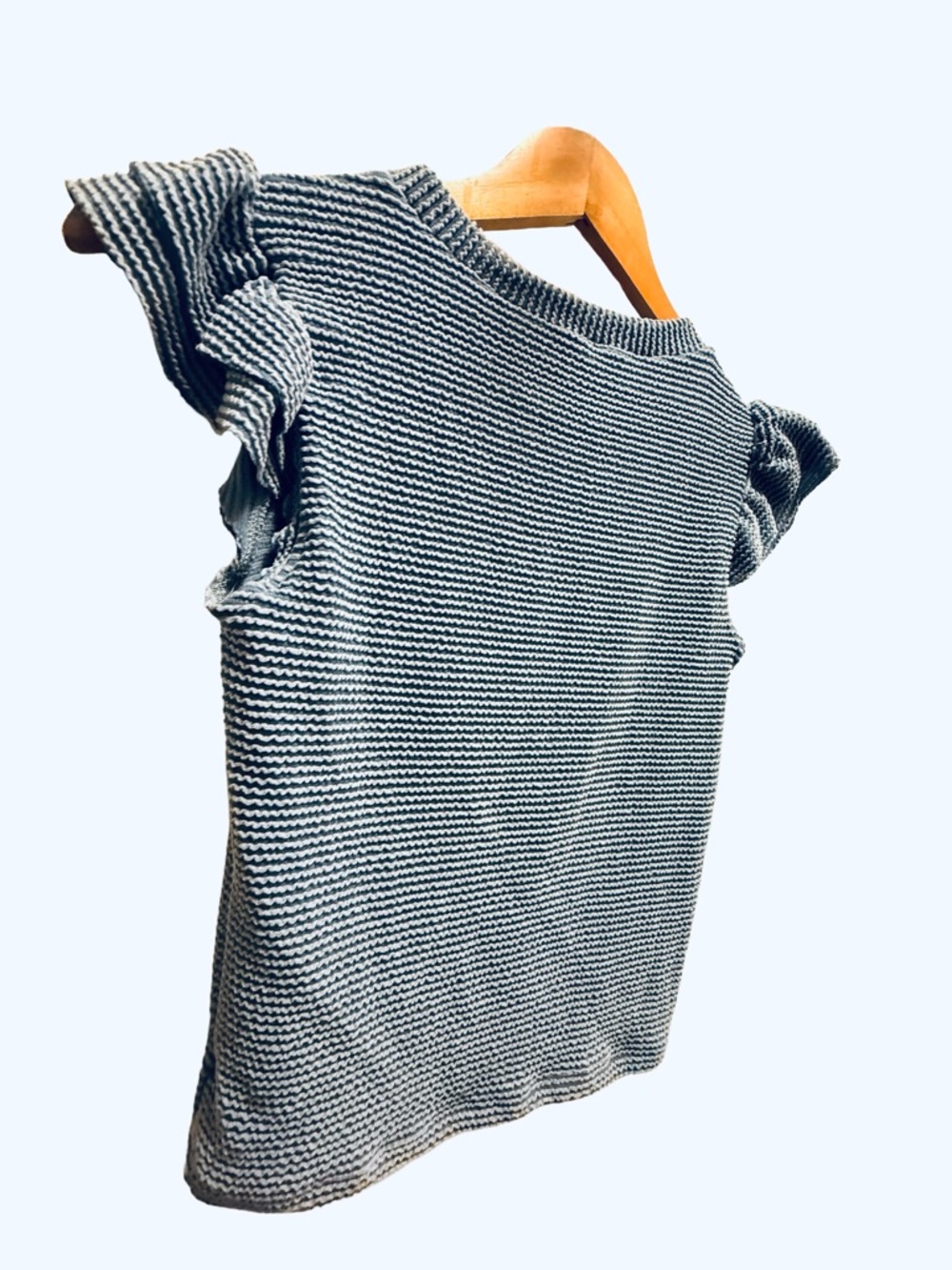 Moa Moa Blue Ribbed Knit Ruffle Flutter Sleeve Top - Small - Picture 7 of 9